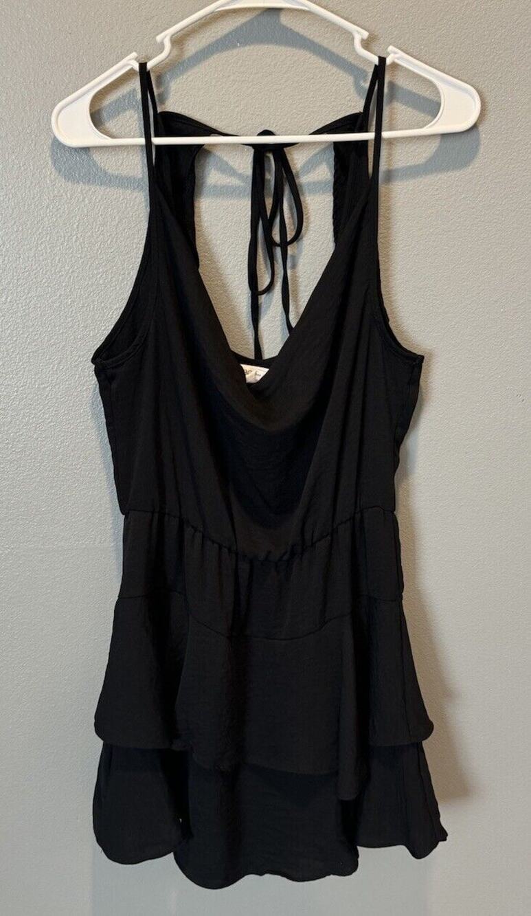 Women's BCBG Generation Short Tiered Black Dress Cowl Front Tie Neck Size M